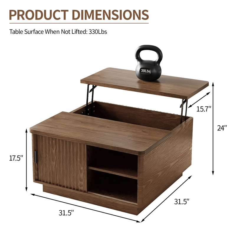 Lift Top Coffee Table, 31" Square Center Table With Sliding Door, Space-saving Fluted Coffee Desk With Hidden Storage Compartment And Shelf, For Living Room, Home Office