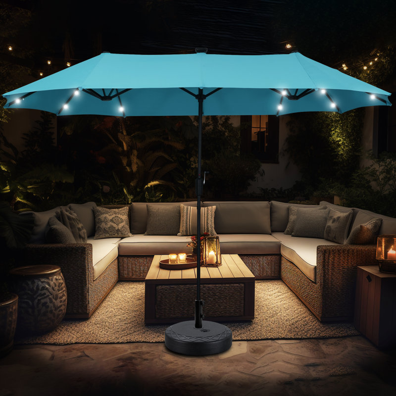 Parasol de marché éclairé 13 pi avec base, Bleu