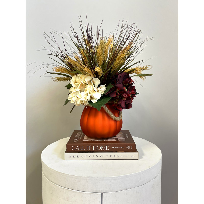 Cream and Burgundy Hydrangea with Wheat Grass in a Pumpkin Pot