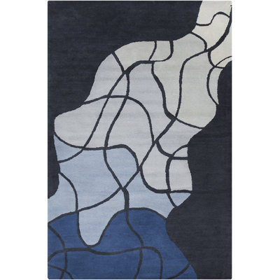 Ailey Authentic Hand-Tufted Handmade Ivory Gray Clover Trellis Design on Blue Wool Transitional Area Rug