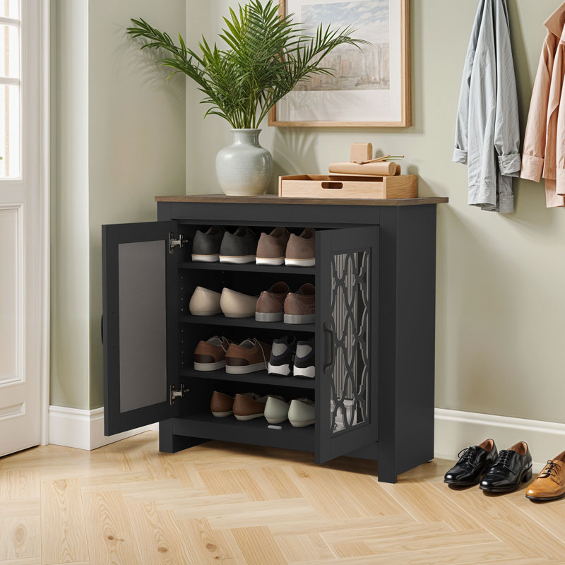 Chessani 12 Pair Shoe Storage Cabinet, Black/Knotty Oak