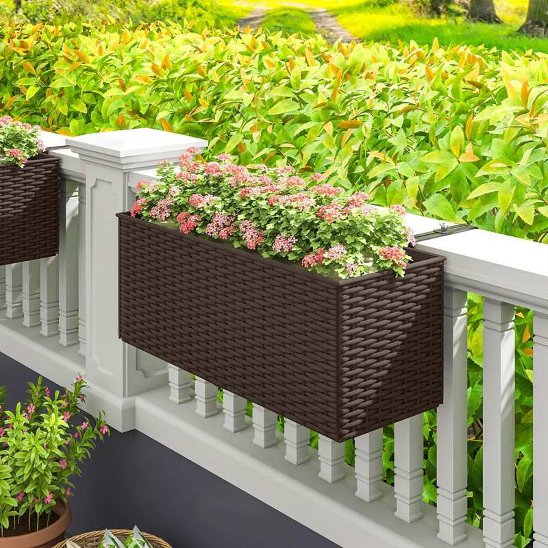 2 Pack 20 Inch Railing Planter Box, Hanging Flower Pots, Brown, Brown