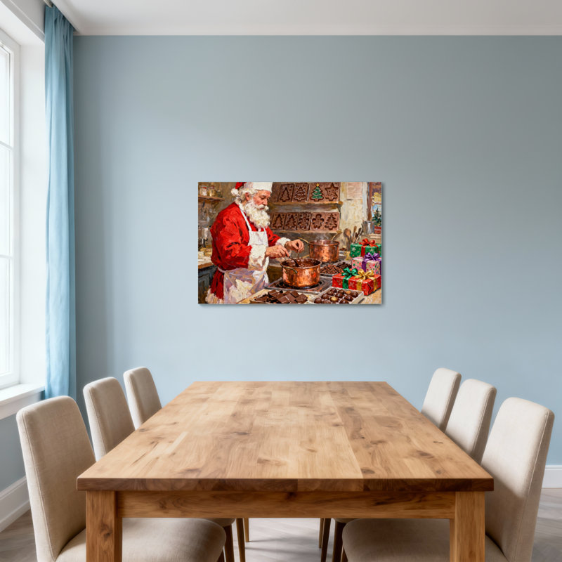 Père Noël cuisinant du chocolat dans une cuisine, H 32 po x l 48 po