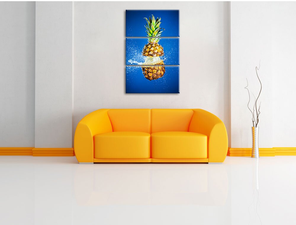 3-tlg. Leinwandbild-Set „Ananas mit Wasser bespritzt“, Grafikdruck