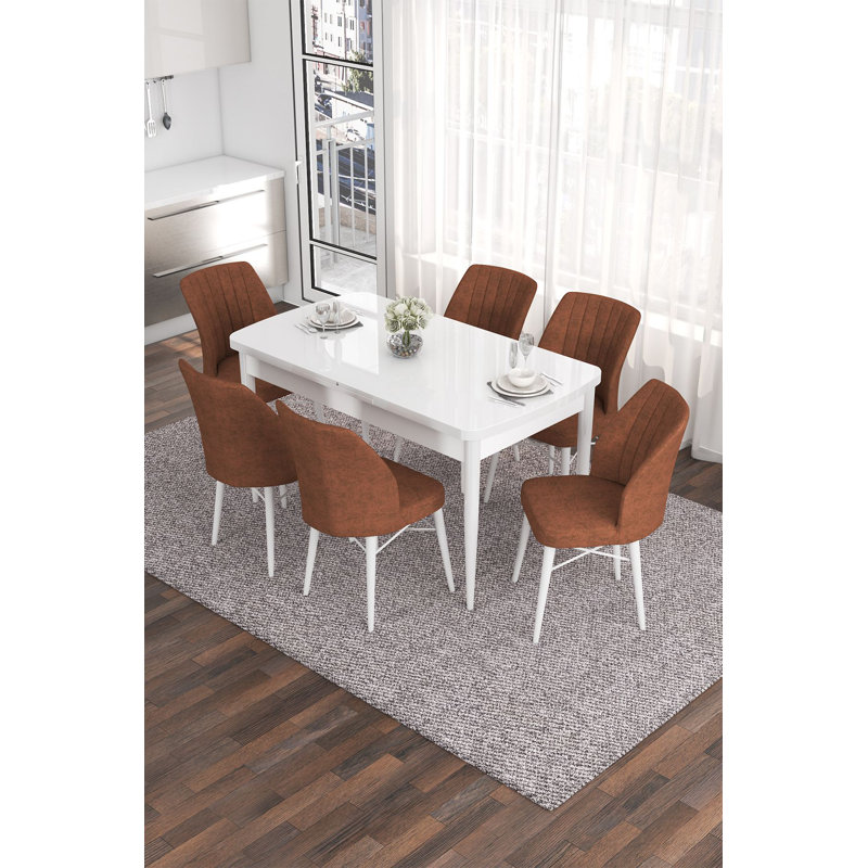 Ensemble de table et chaises de salle à manger moderne extensible (7 pièces), blanc et rouge, 52,0 po x 31,0 po x 30,7 po | 100% panneau de fibres à densité moyenne avec pieds en bois et structure en métal, sièges en mousse confortables | Parfait pour les réunions de famille et les salles à manger élégantes