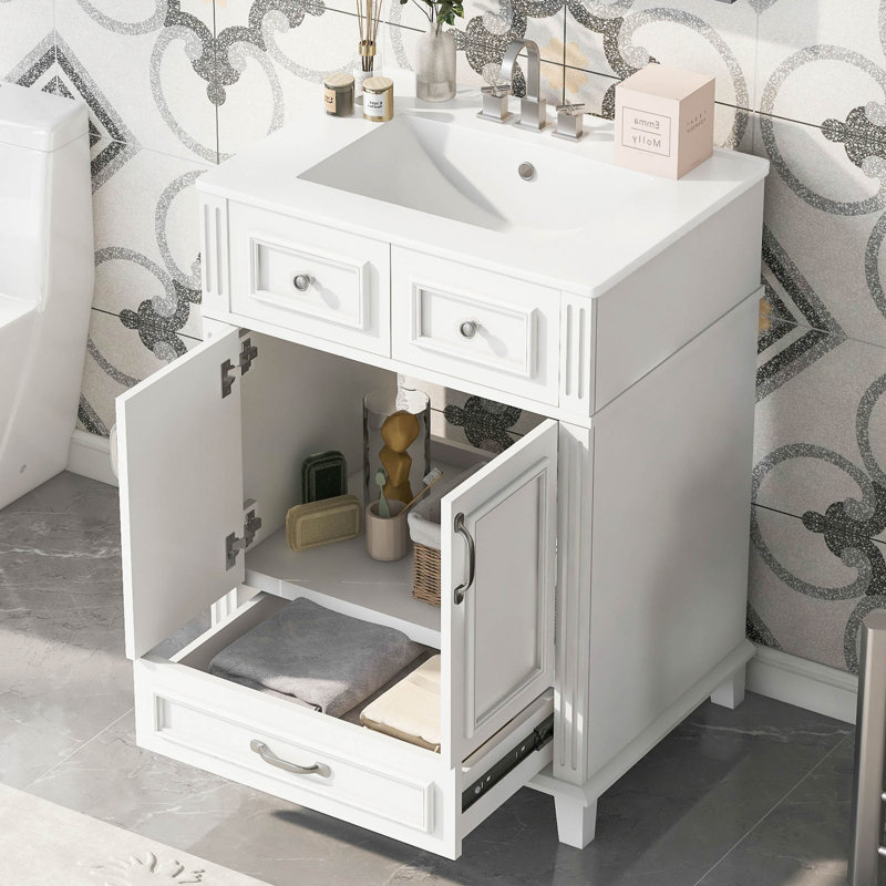 Meuble-lavabo de 24 po avec lavabo en céramique, armoire de rangement en bois massif avec portes à fermeture douce, style rétro
