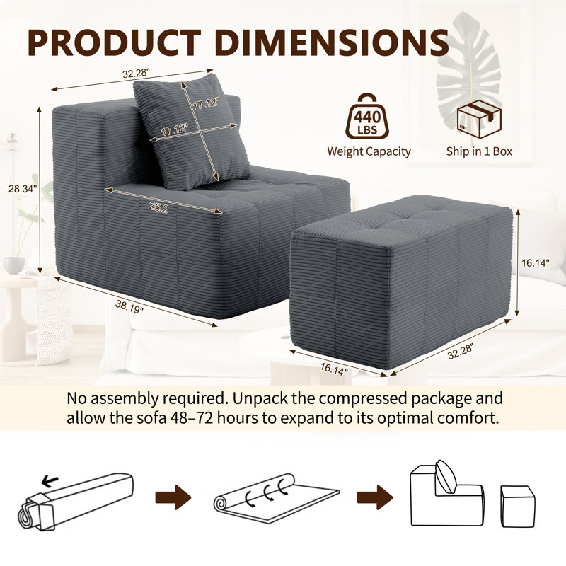 Single Sofa, Armless Floor Sofa with Ottoman, Foam Sofa With Pillow For Living Room and Bedroom, No Assembly Required