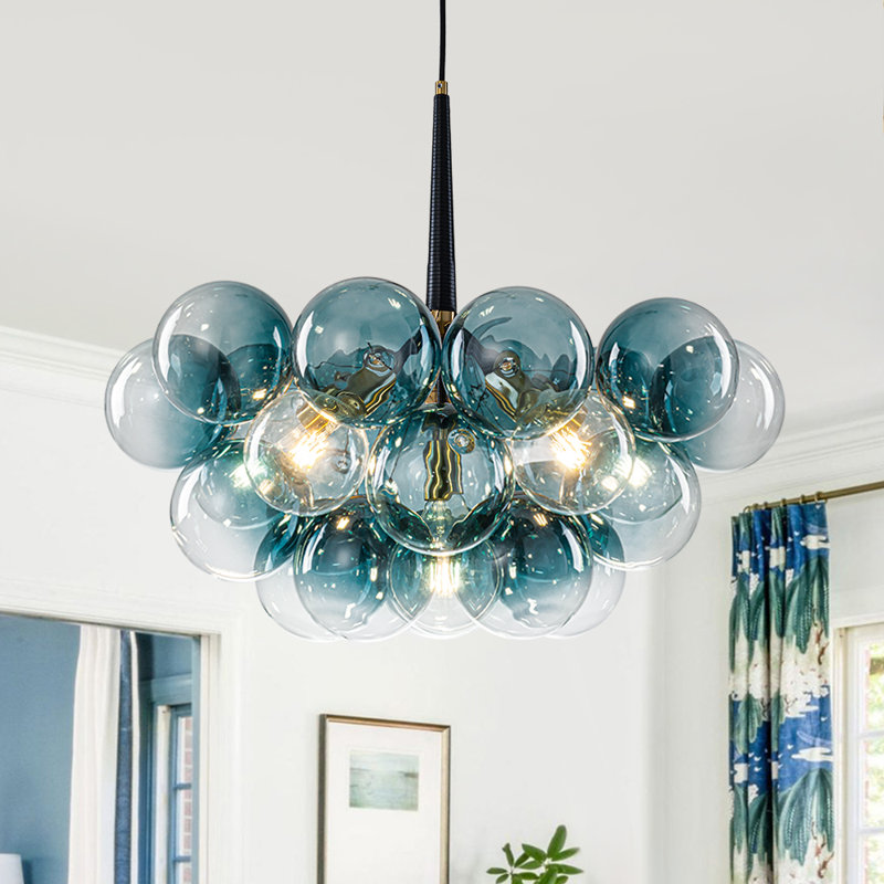 Lustre en verre sphérique spoutnik à 6 lumières Meyana, Bleu