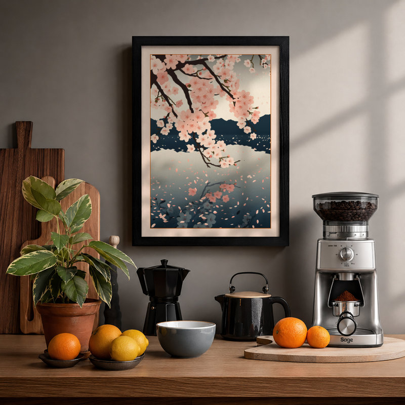 Moonlit Cherry Blossom Japandi - Framed Print, A4 - 29.7 x 21.0 cm, Black