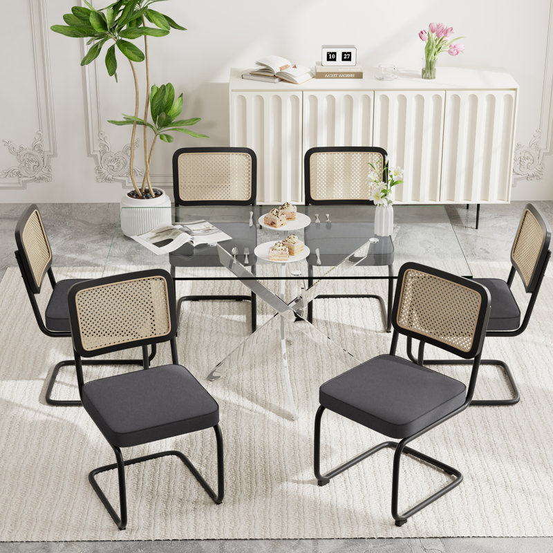 Modern 63" Glass Dining Table Set, Black, 7, 29.5" H x 63" W x 31.5" D