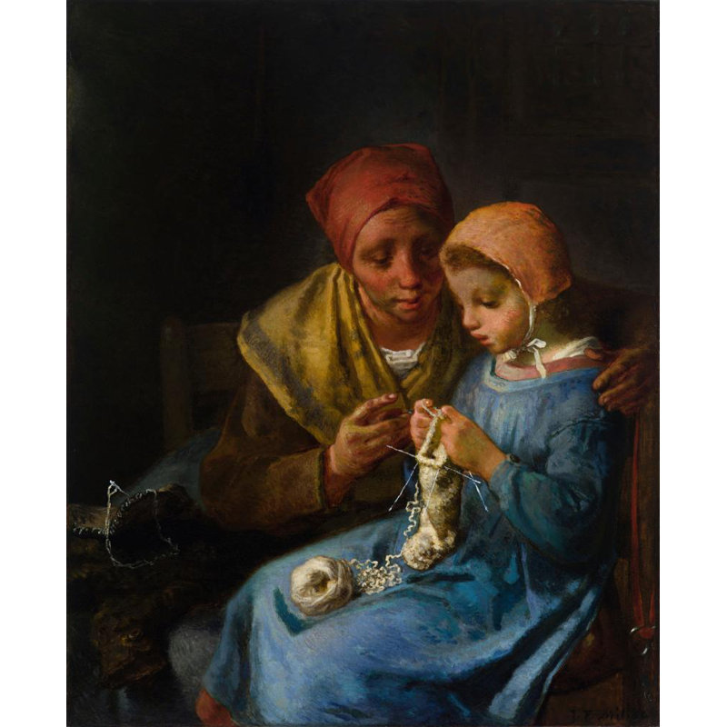 «The Knitting Lesson» par Jean-François Millet - Art mural sur toile tendue avec châssis, H 48 po x l 33 po