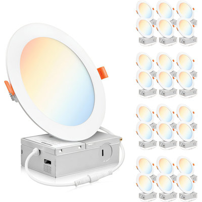12W 1050LM 24‑Pack 6 Inch 5CCT Tunable Thin White LED Recessed Ceiling Light with Junction Box, High CRI RA80, 2700K‑5000K Color Selectable, 5%‑100% Dimmable, ETL IC‑Rated, for Living Room, Kitchen, Bathroom & Office
