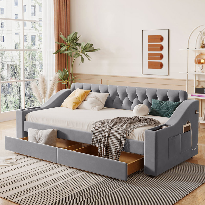 Lit de jour simple rembourré avec accoudoirs de rangement et port USB, gris, Gris