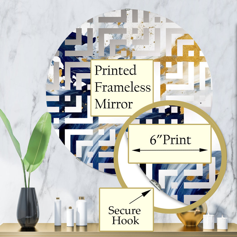 Miroir décoratif bleu foncé et doré à motif XXI - Maze MIR102130 C, 31,4 po x 31,4 po