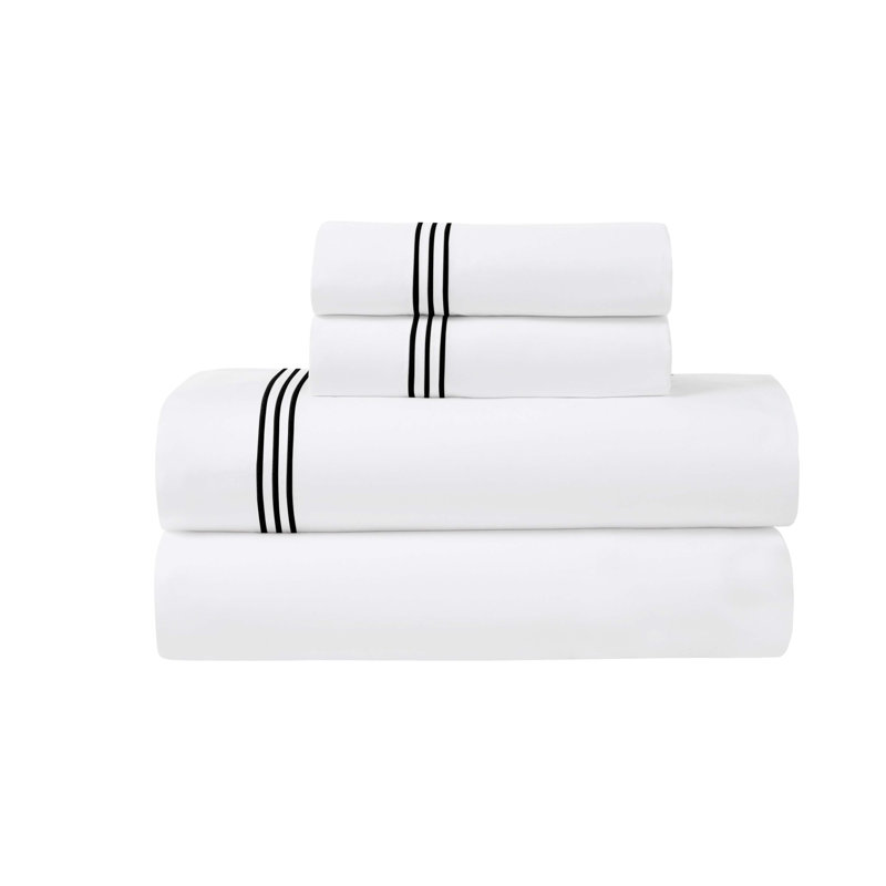 Brandon Cotton Three-Line Embroidered Deep Pocket Bed Sheet Set by Superior, White/Black, King Sheet Set with 2 Pillowcases