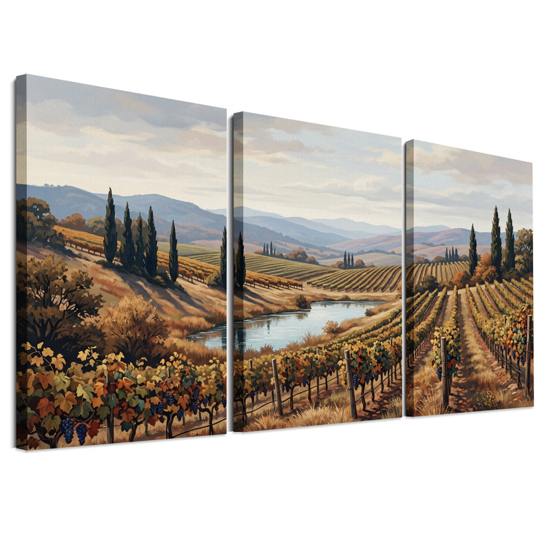Ensemble de 3 toiles murales représentant des rangées de vignes et des cyprès en automne, 24"H x 16"W x 3pcs