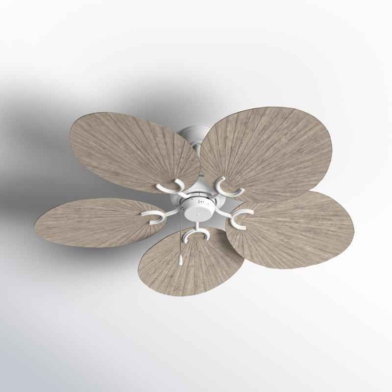 Ventilateur de plafond 5 pales intérieur / extérieur Overlock avec chaîne de traction et pales en forme de palmier, Blanc mat