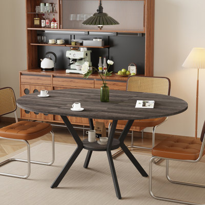 42.5-58.2 Inch Vintage Gray Brown Extendable Round Dining Table With Storage Shelf For 4-6 People