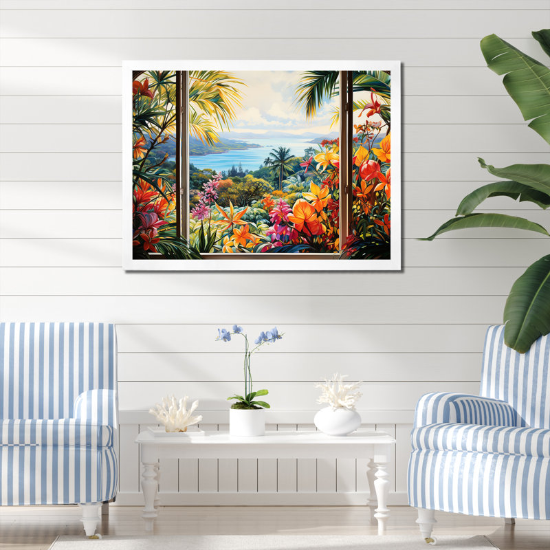 «Tropical Windows View Blooms 4 - Coastal Windows», art mural, Cadre de coin blanc fermé, H 24 po x l 32 po x P 1 po