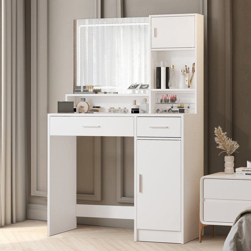 Vanity Desk With Mirror And LED Light Strip,Dressing Table With Large Drawer, 3 Level Storage Dresser & 3 Lighting Modes Adjustable Brightness