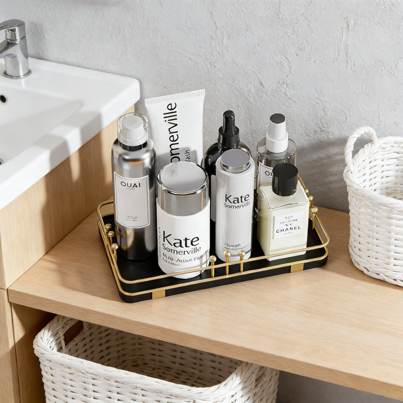 Decorative Tray For Bathroom Vanity And Kitchen Countertop, Multi-Purpose Organizer For Toiletries, Makeup, Perfume, Jewelry, And Spices With Non-Slip Mat And Modern Design