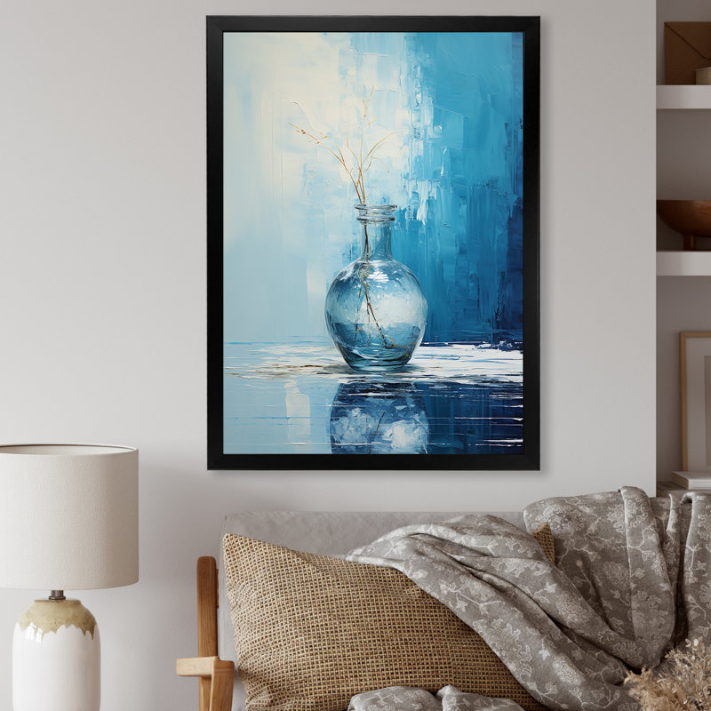 Vase de poterie bleu et blanc Boho, H 20 po x l 12 po x P 1 po, Cadre simple noir