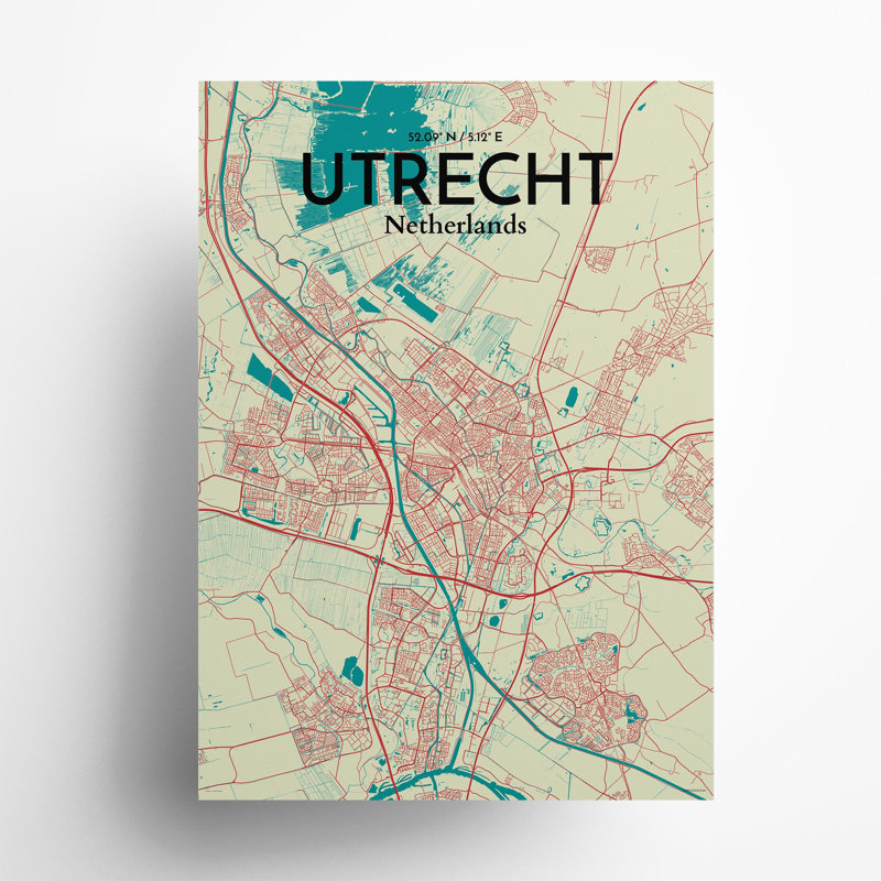 Utrecht City Map In Tricolour - No Frame Print, 27.6cm H x 19.7cm W x 0.05cm D