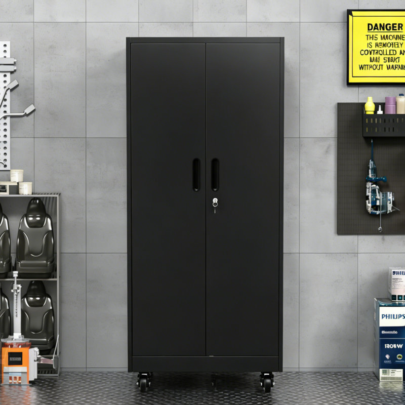 Makeace 71" H x 34" W x 18" D Black Metal Garage Storage Cabinets with Doors, 4 Adjustable Shelves, Lockable Rolling Tool Cabinet with Pegboard and Hooks