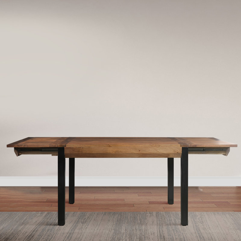 Bronius Extendable Solid Wood Top Metal Base Dining Table