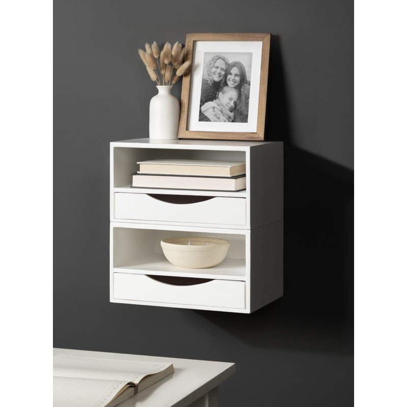Adeana Poplar Floating Shelf with Drawer, White