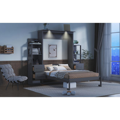 Full Size Bed In Gray With Slat Support And Comfort - Space Saving For Small Apartments Wall Drawers Style Home Offices Guest Rooms