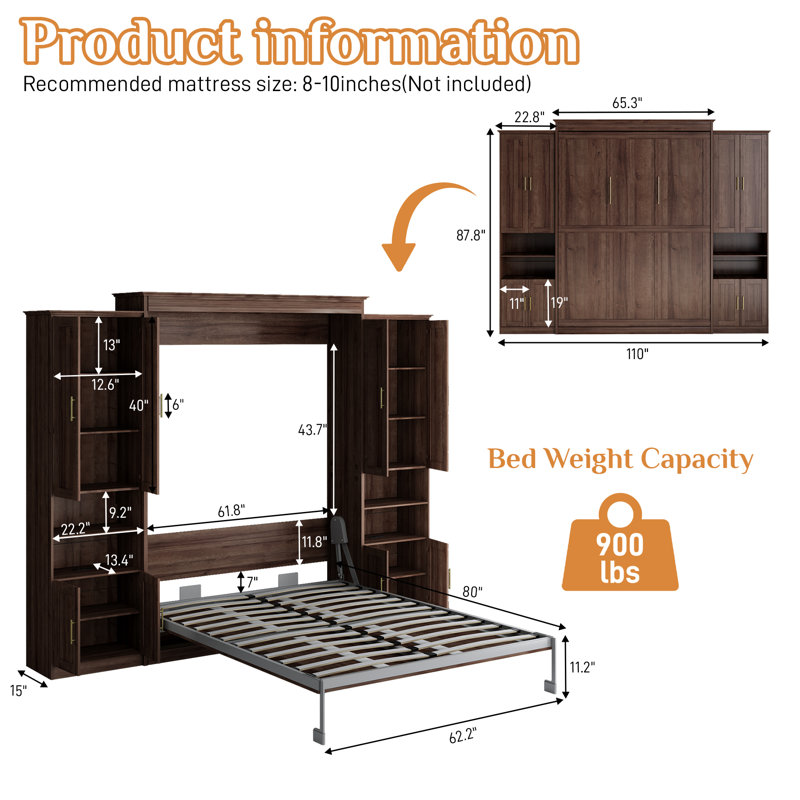 Murphy Bed With Storage Cabinet Shelves, Queen Wall Bed And USB Port, Walnut, Queen