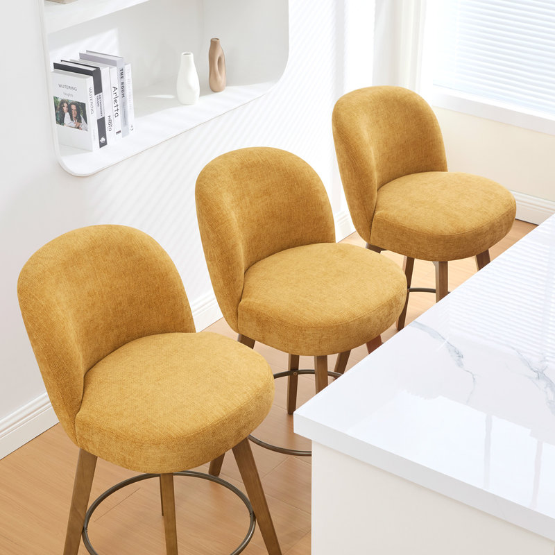 26" Mid-Century Modern Counter Height Bar Stools, 360° Swivel Fabric Upholstered Barstools with Solid Wood Legs, Island Chairs with Backrest, Yellow