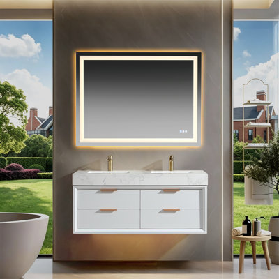Meuble-lavabo double mural moderne Veyra 48 po avec comptoir en marbre, lavabo encastré en porcelaine, trop-plein et éclairage à détecteur de mouvement