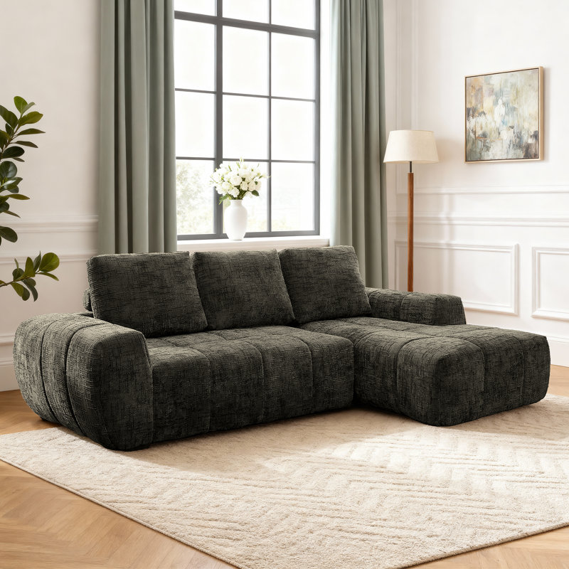 100" Chenille Compression Sofa with Chaise, L-Shaped Furniture for Living Room, Brown