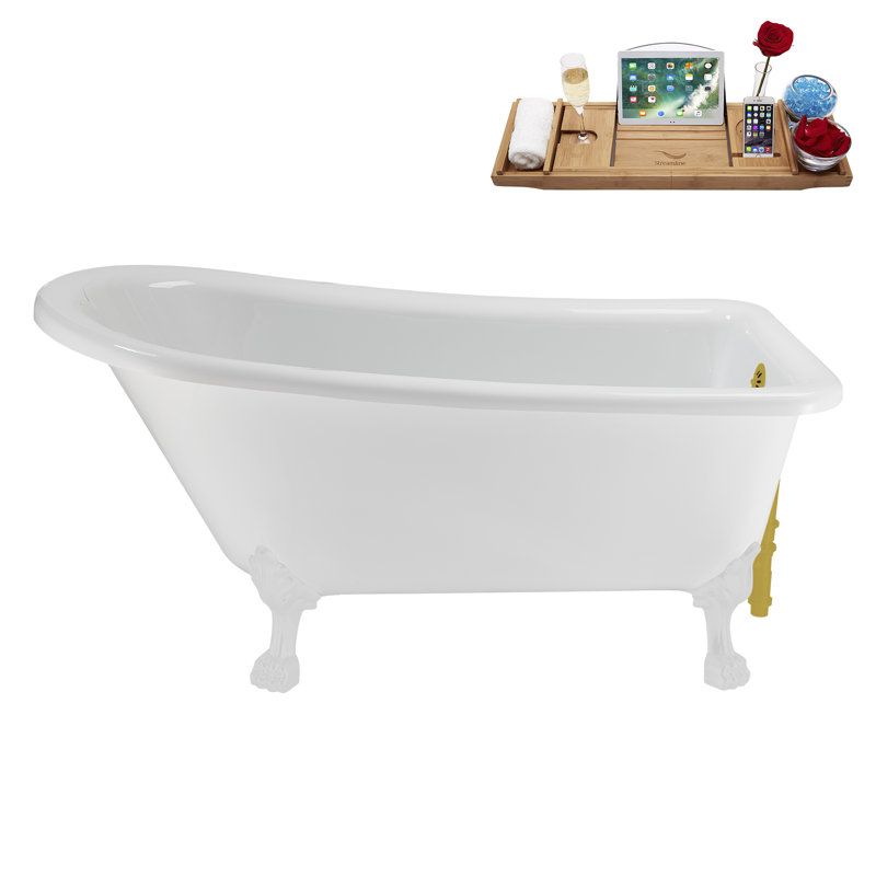 58" Streamlin Clawfoot Tub,Tray,Drain, Clawfeet, Glossy White, Brushed Gold