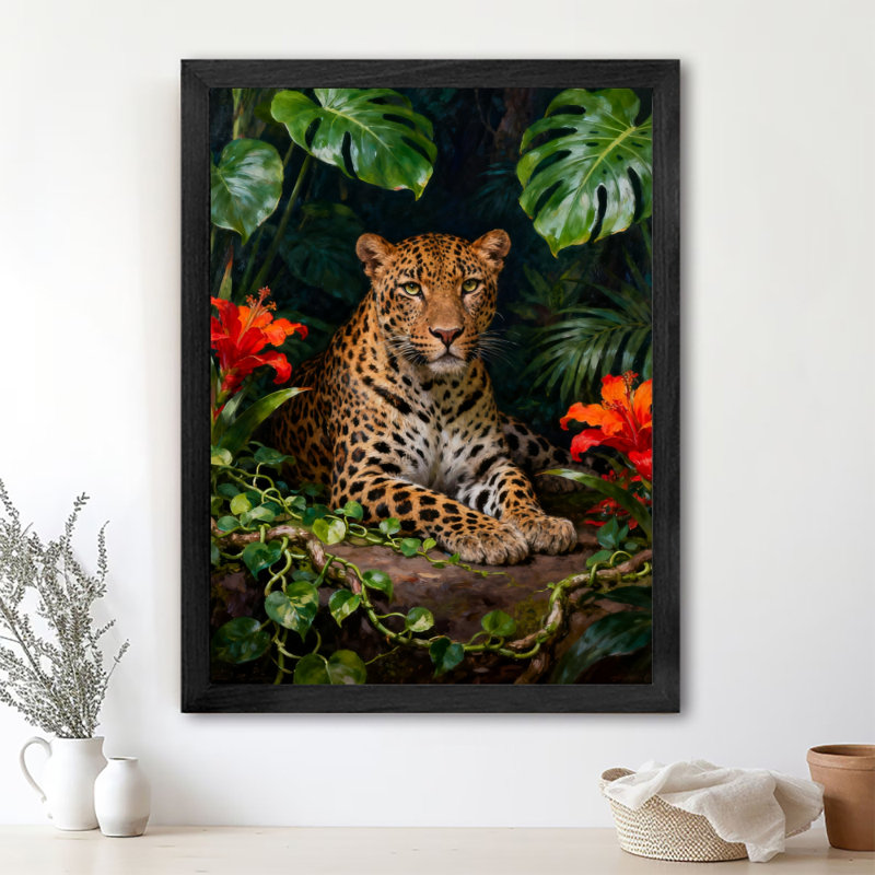 Reproduction d'art encadré noir rétro léopard de la jungle et hibiscus, H 11 po x l 9 po