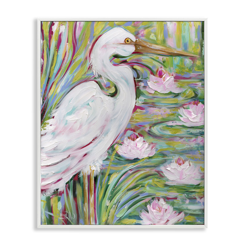 Grande aigrette et lotus, estampe numérique par Estelle Grengs, H 30 po x l 24 po