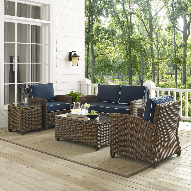 Ardale Launcest 5 Piece Rattan Sofa Seating Group with Cushions, Navy, Brown