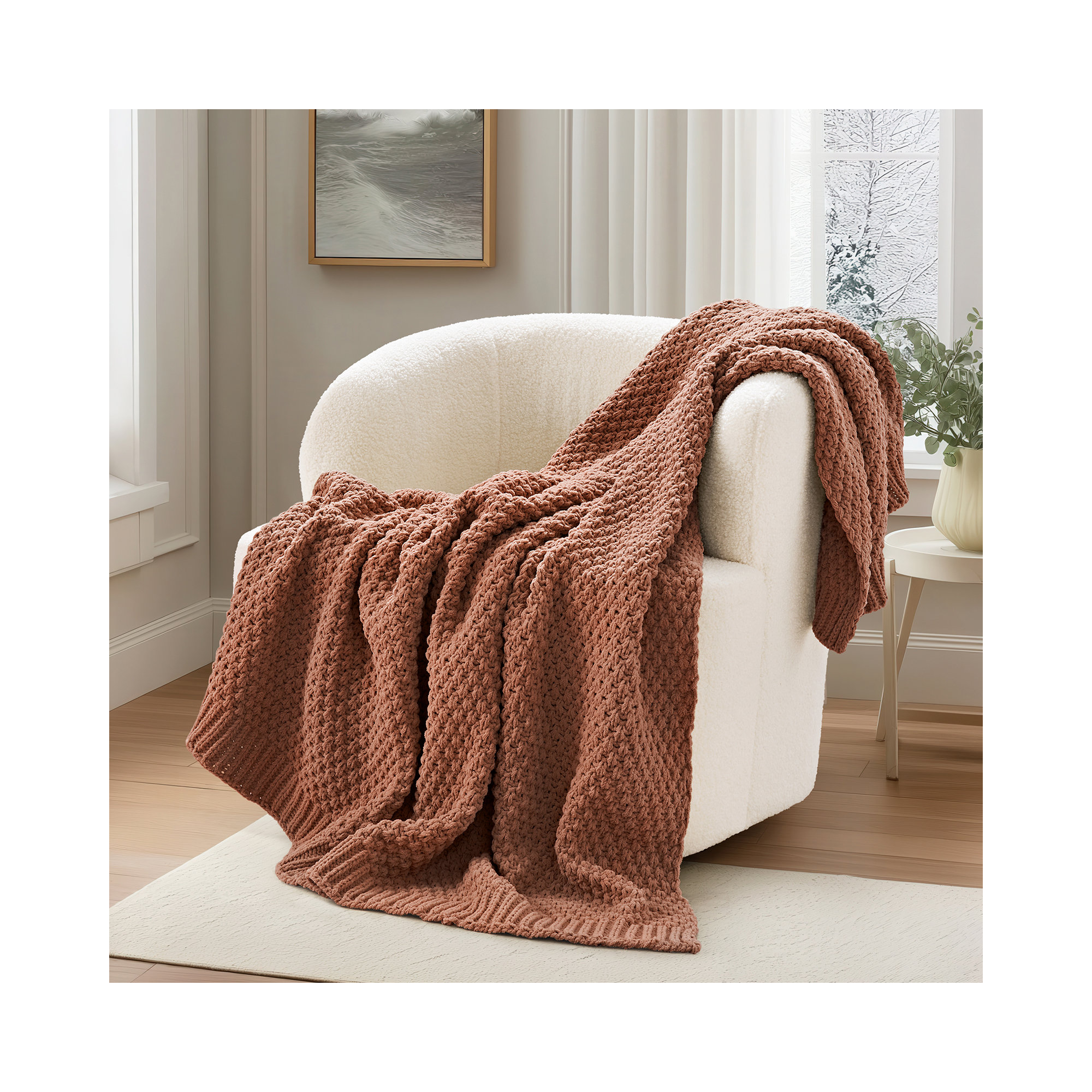 Chunky Chenille Knit Throw Blanket, Terracotta Clay, 60" L x 50" W