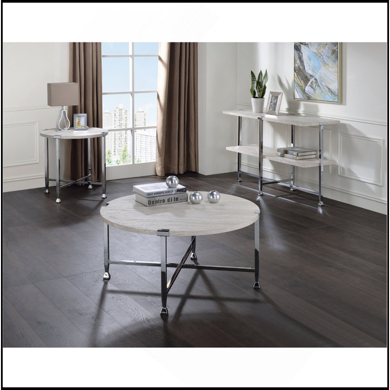 Table basse ronde avec cadre en métal, chêne blanc et chrome