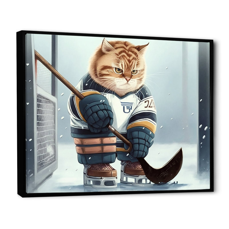 Dessin animé «Hocket Cat on Ice Rink II», impression sur toile, H 24 po x l 32 po x P 1 po, Toile avec cadre flottant noir