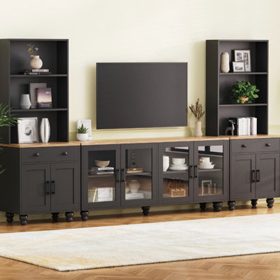 Meuble télé avec attrait, pieds en bois massif en forme de gourde, 70 po, portes de centre de divertissement en verre noires, tablettes réglables et support à pieds de collection, pour écrans, conception stable et trempée