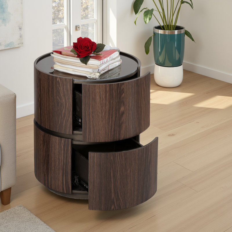 Table d'appoint ovale avec plateau en verre trempé noir et tiroir, rangement double couche