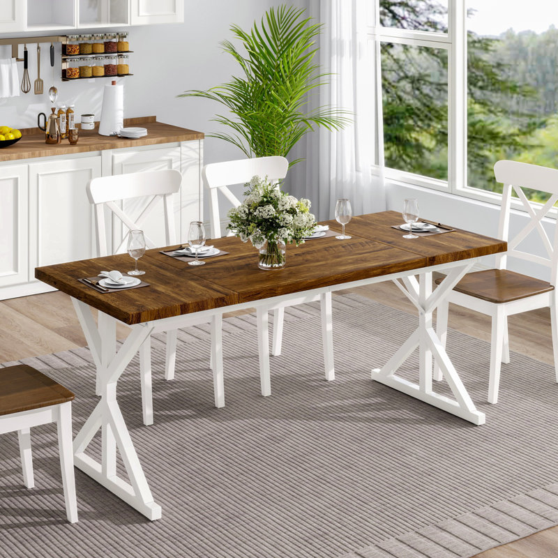 70.87" Modern Farmhouse Ironwood Dining Table (White), White, Rustic Oak