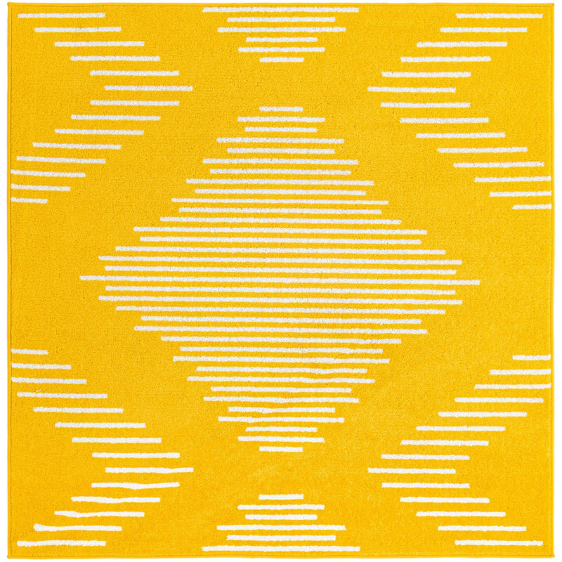 Tapis géométrique jaune en polypropylène tissé à la machine, Carré 5 pi 3 po
