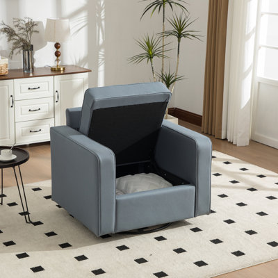 Fauteuil pivotant rembourré à 33 ° de 33,6 po de largeur avec rangement caché, accoudoirs en tissu Tech et fauteuil carré avec coussin pour salon, chambre à coucher, coin lecture, coin, bleu