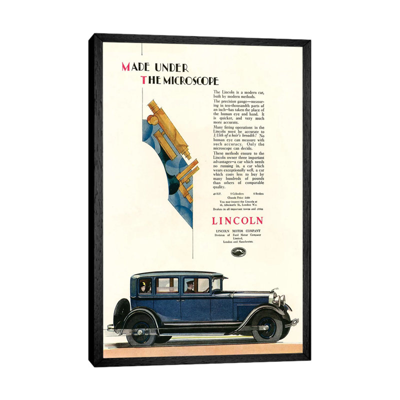 1929 Lincoln Magazine Advert 1 Piece Wall Art on Canvas, 66.04 cm H x 45.72 cm W, Black Floater Framed