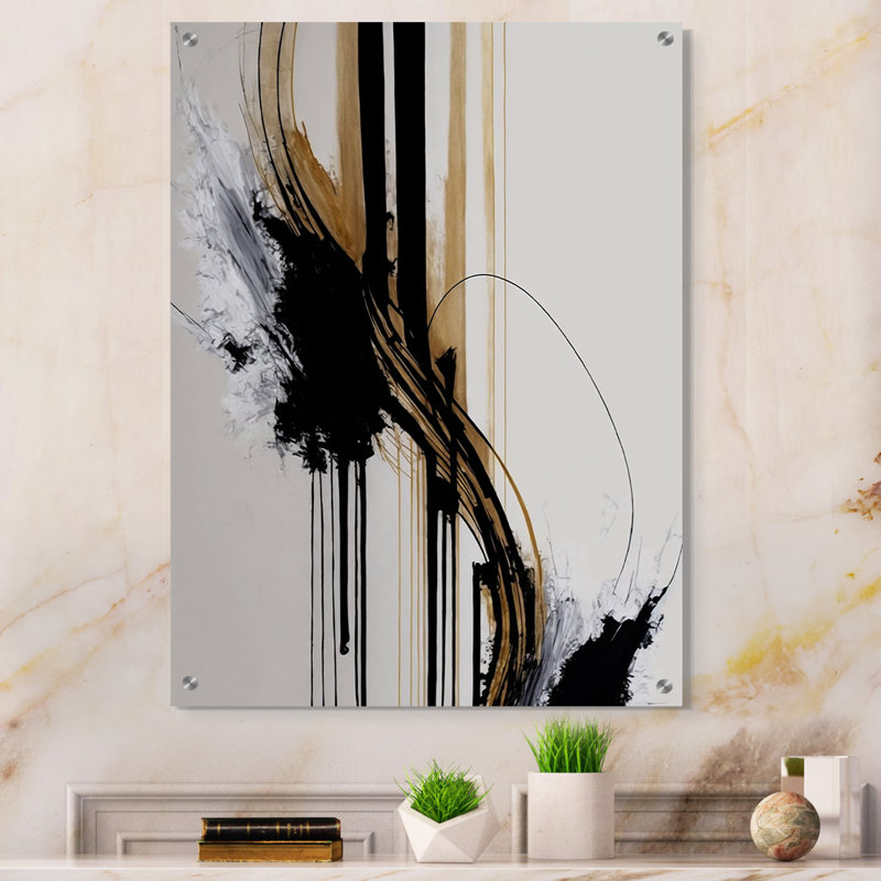 Golden Minimalist Abstract II - Art mural abstrait en acrylique, H 20 po x l 12 po