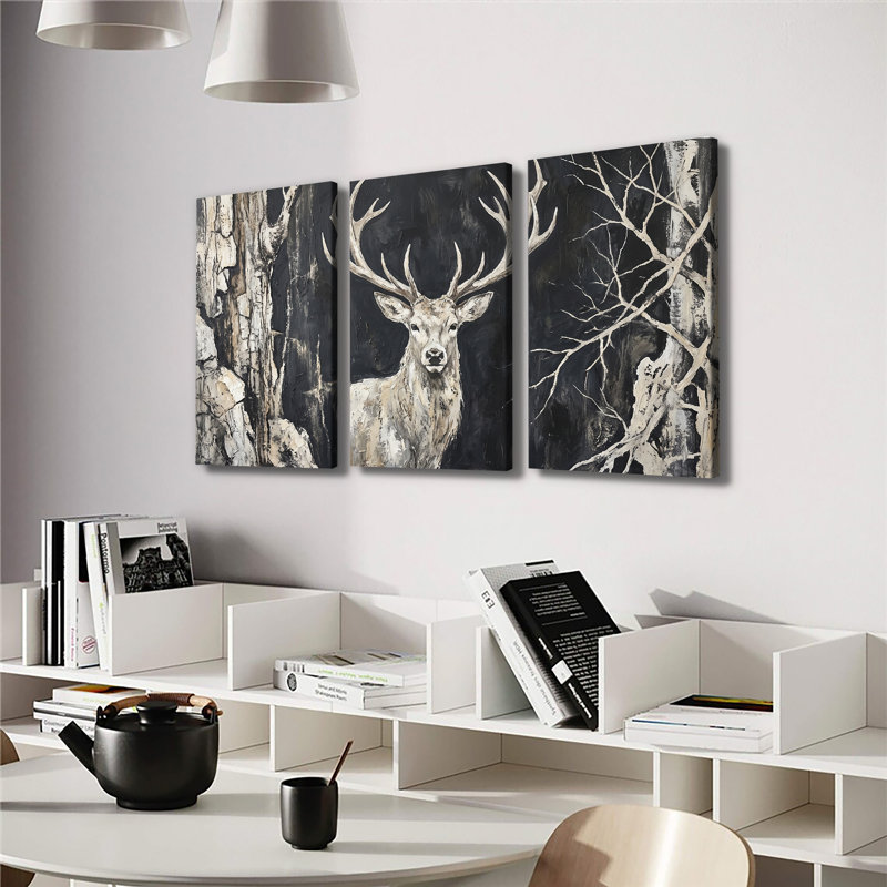 Cerf cerf forêt foncée, ensemble de 3 impressions sur toile texturée, 20 * 30 pouces * 3